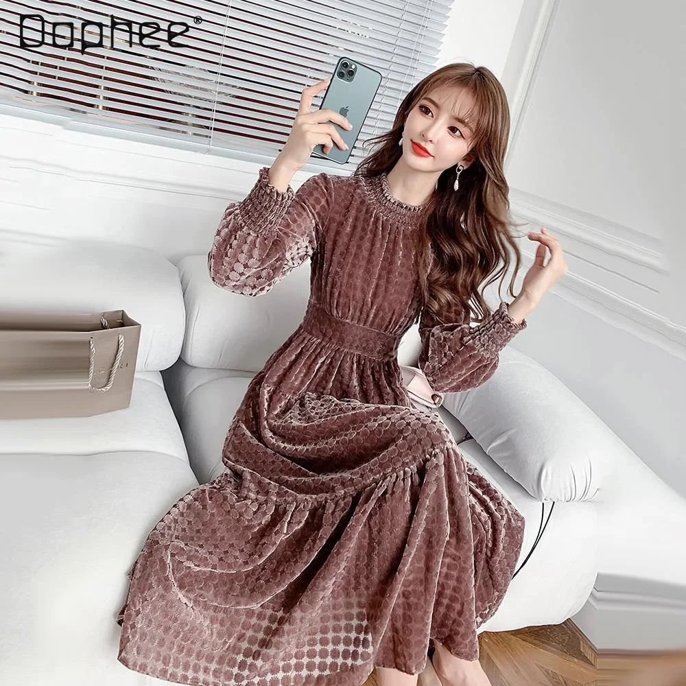 

Temperament Women's Long Sleeve Pleuche Midi Dress 2022 Spring New Cinched Slimming Overknee Fishtail Long Dresses for Women