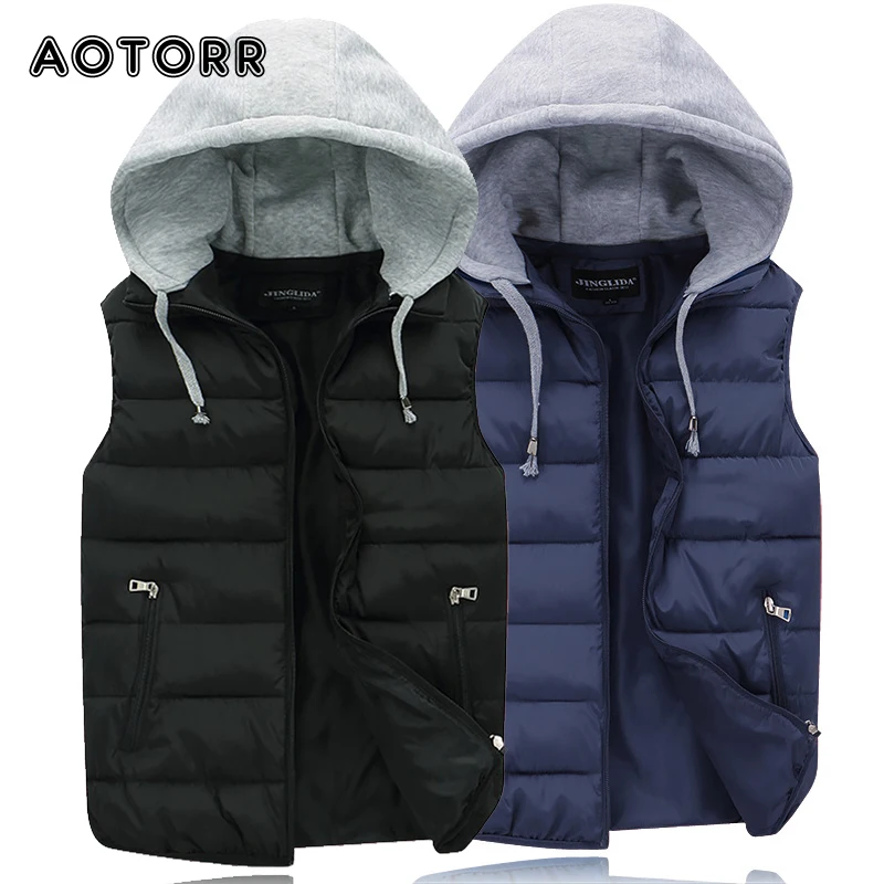 

New Men Sleeveless Jacket Hooded Zipper Patchwork Coats Male Windbreak Warm Waistcoat Outwear Solid Color Down Vests Parka