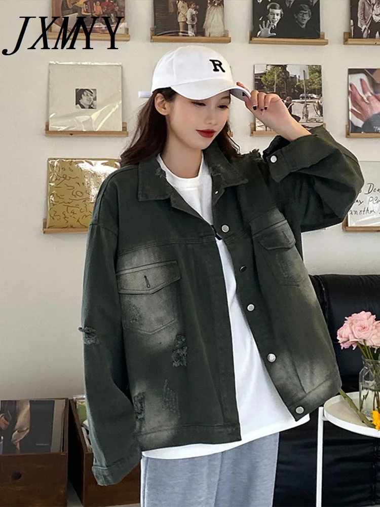 2022 Spring New Fashion Denim Jacket Women's Retro Old Ripped Hole Tie-Dye Loose Casual Long-Sleeved Clothing |