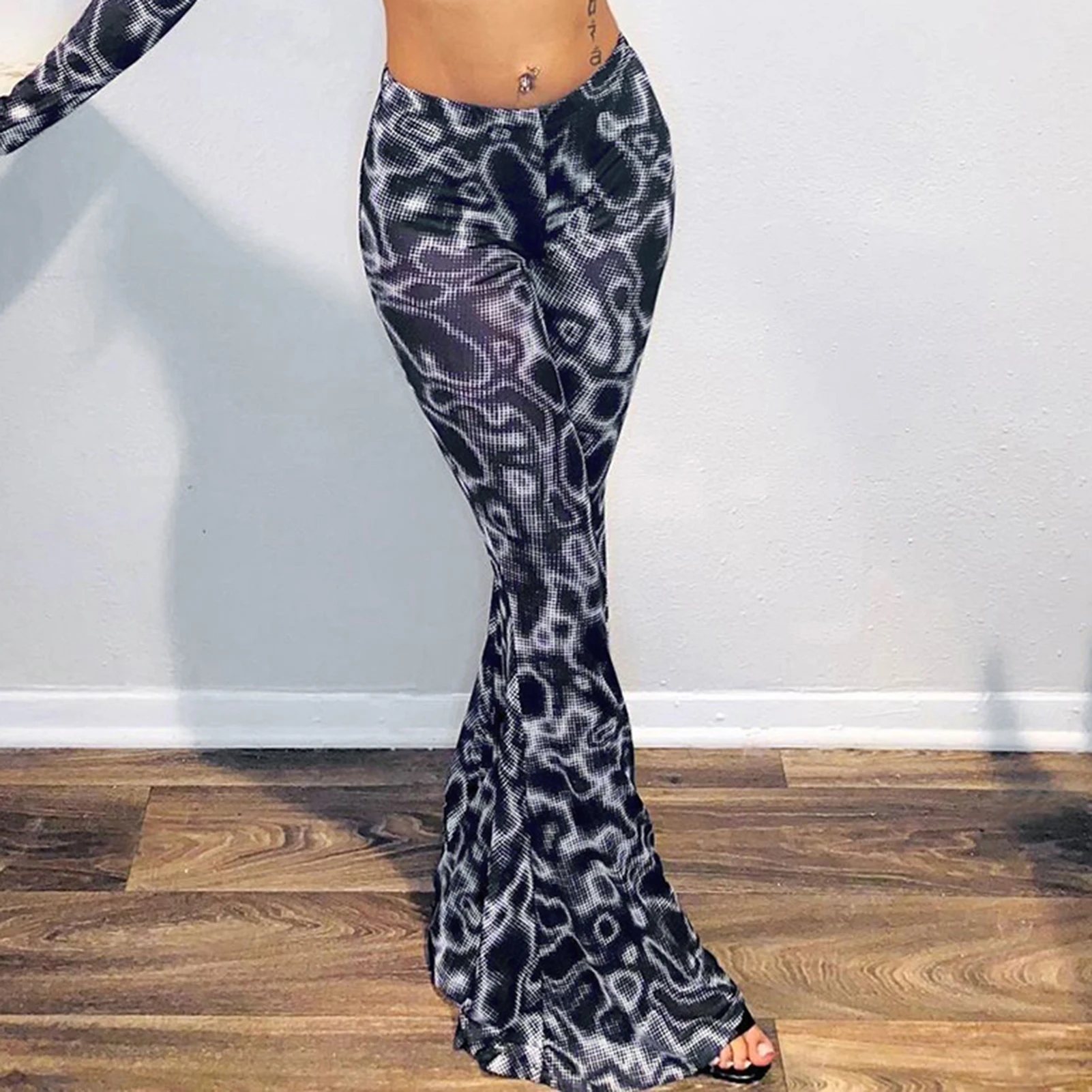 

Sexy Flare Pants Water Wave Printing Solid Color Women Summer Long Pants See Through High Waist Vintage Streetwear MeshTrousers