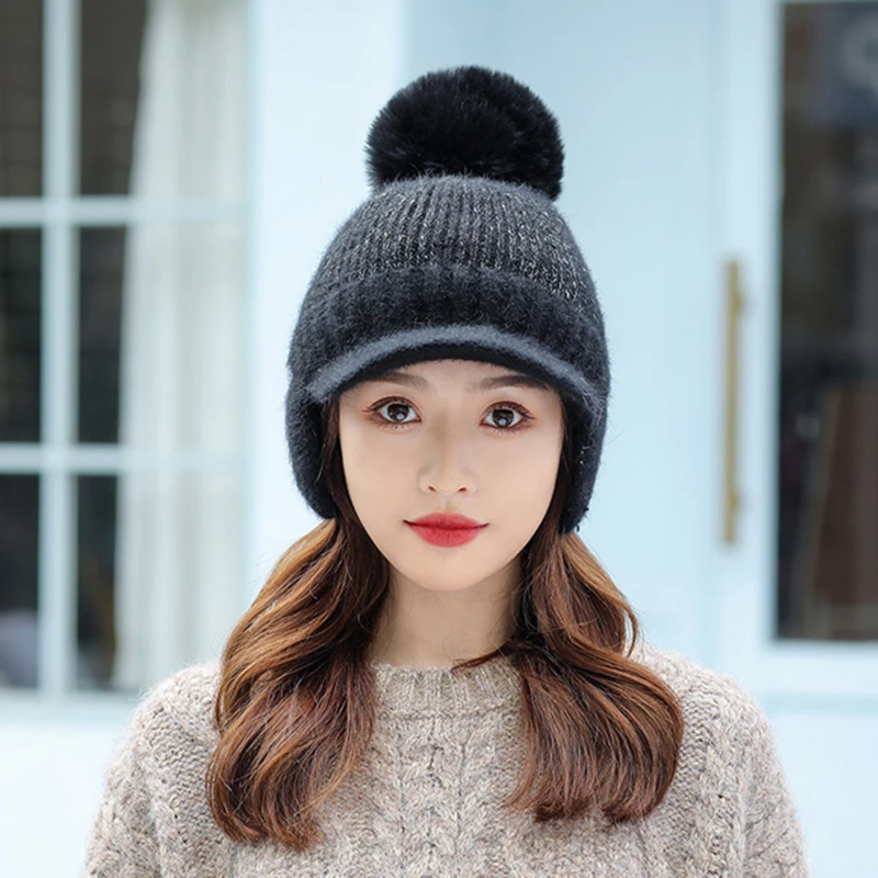 

Warm Winter Knitted Beanies Hats Women Thick Warm Beanie Skullies Hat Female Knit Ear Caps Pompom Outdoor Riding Sets