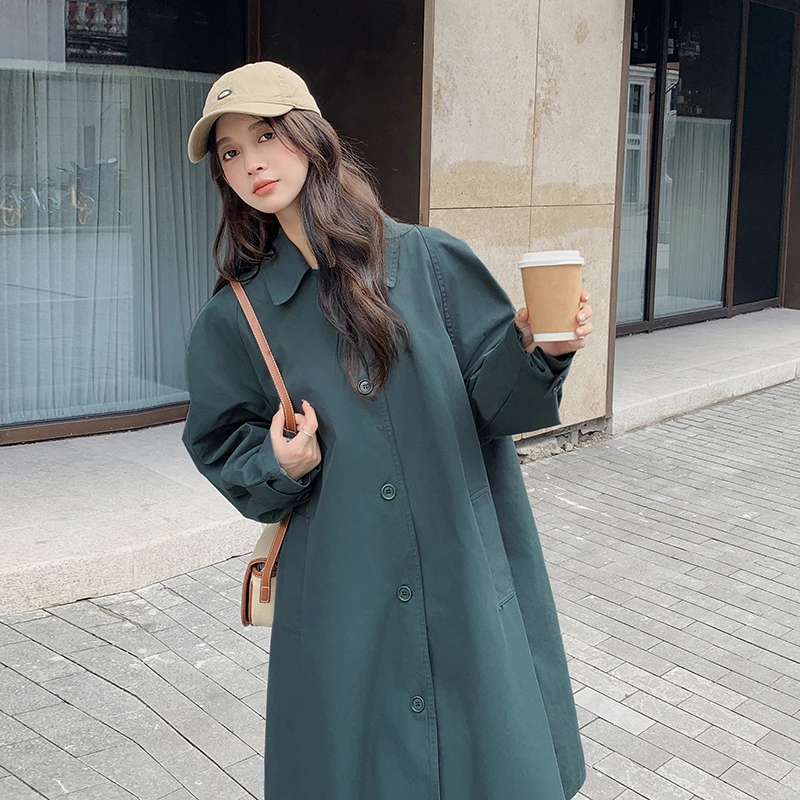 Серо-зеленая длинная блестящая Осенняя новая однобортная Повседневная