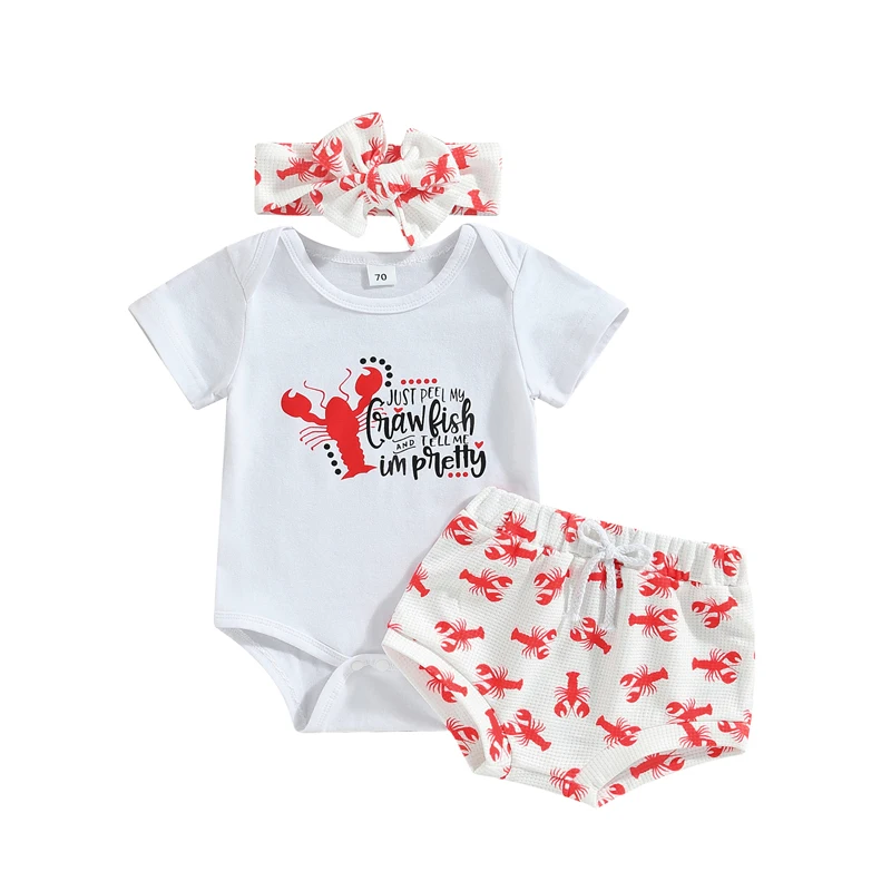 

Baby Girl Summer Clothes 3Pcs Infant Letter Print Short Sleeve Romper + Lobster Pattern Shorts + Bow Headband Toddler Outfits