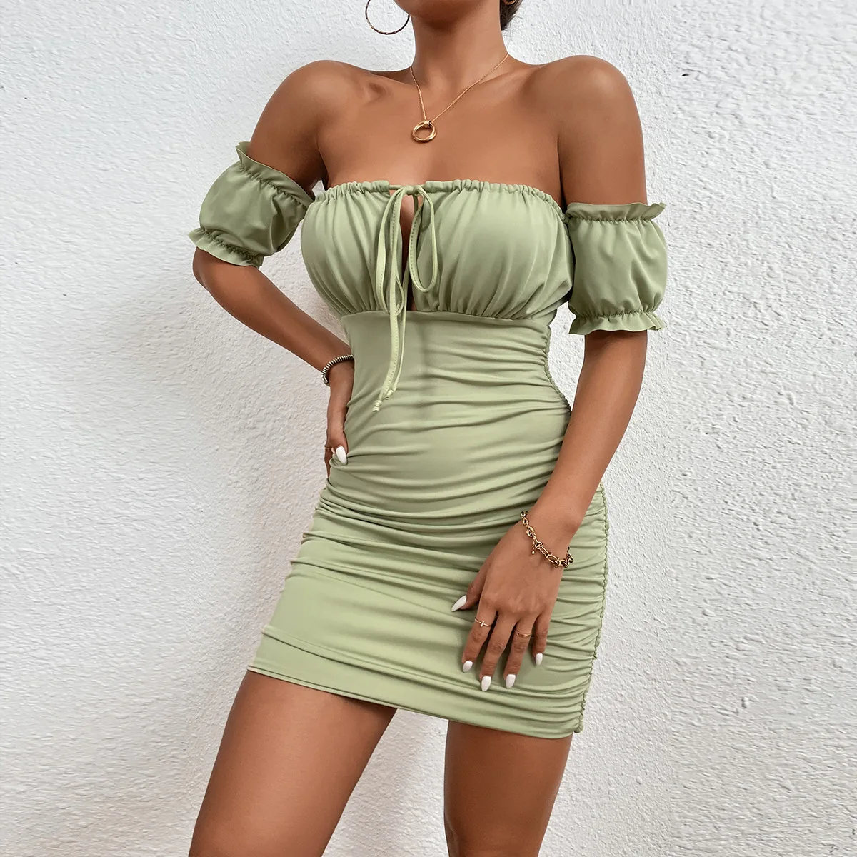 

Summer Office Mini Dress Women Sexy Wrap Breast Dress One Word Collar Tie Folds Tight Dress Nightclub Party Dress Elegant