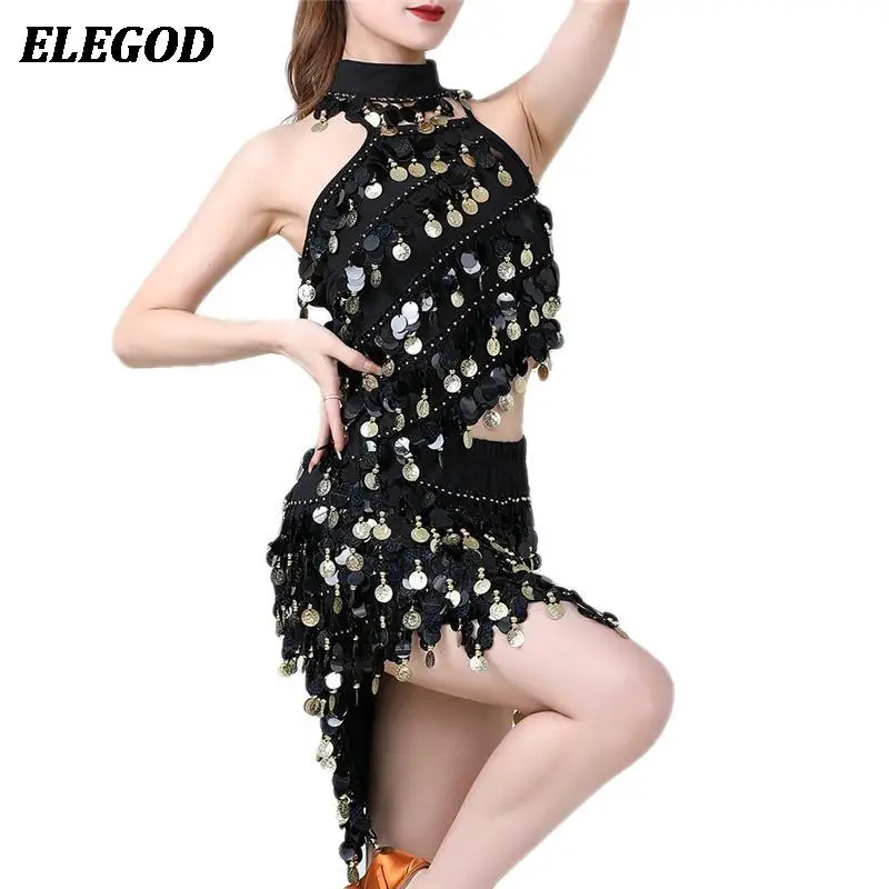 

New Sequin Latin Dance Costume Set For Women Rumba Cha cha Tango Stage Performance Outfit Lady Shiny Coins Tassel Dancing Dress