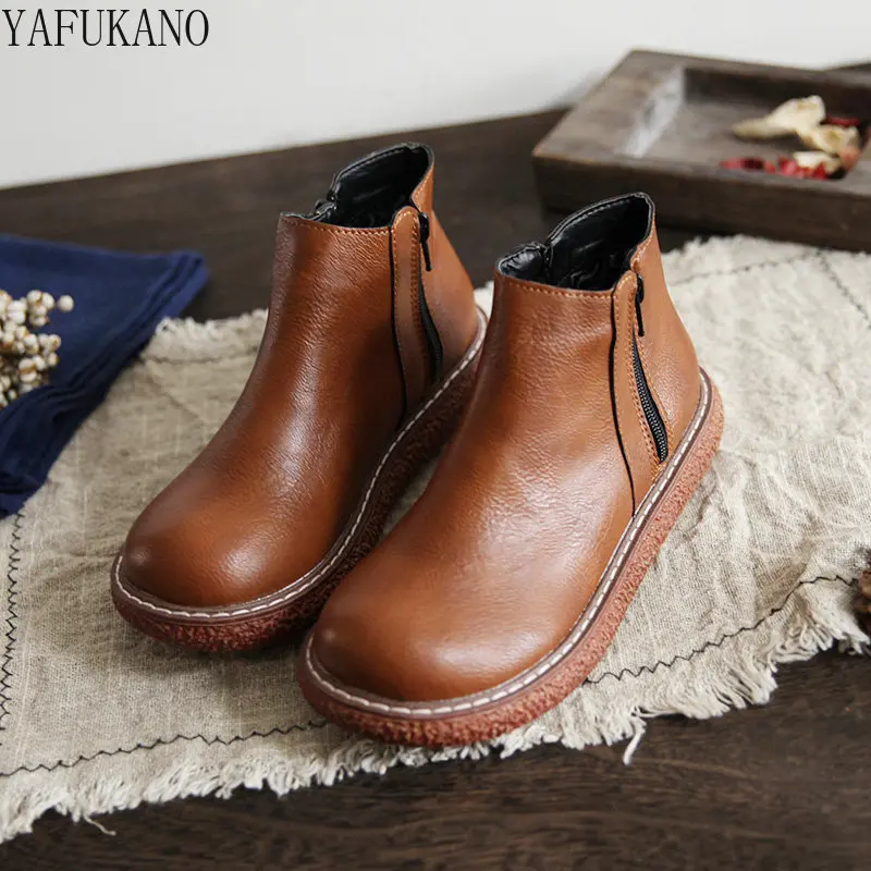 

Literary Vintage Double Zip Short Boots Mori Girl Big Head Doll Shoes Thick Bottom Ankle Boots Handmade Casual Women Boots