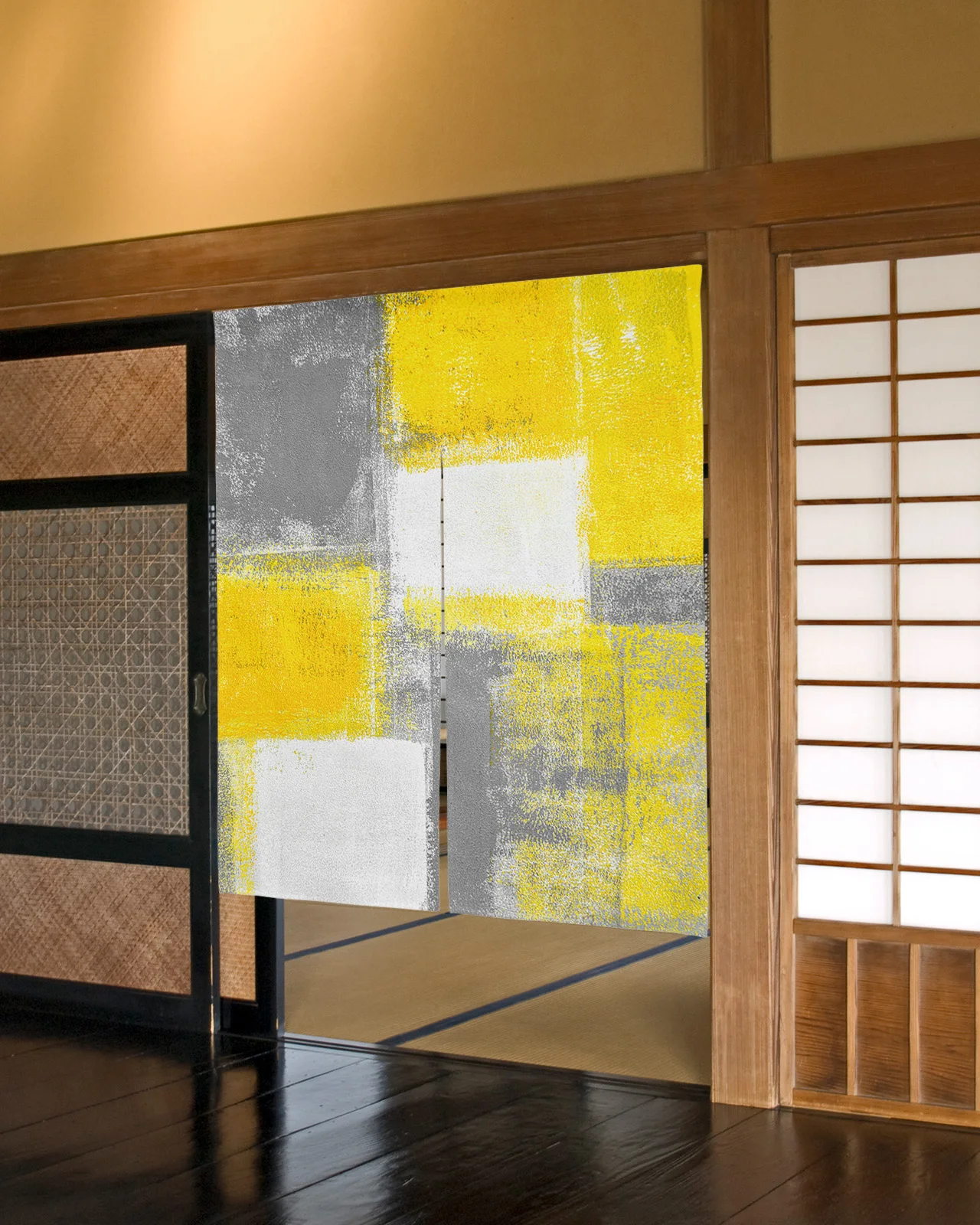 

Oil Painting Abstract Geometric Yellow Door Curtain Japanese Style Partition Curtain for Kitchen Bedroom Decorative Curtain