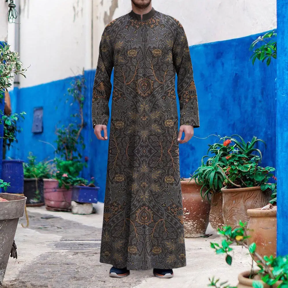 Middle East Men Jubba Thobe Muslim Ramadan Robe Fashion Print Stand Collar Kaftans Saudi Arabia Islamic Men Robe Musulman