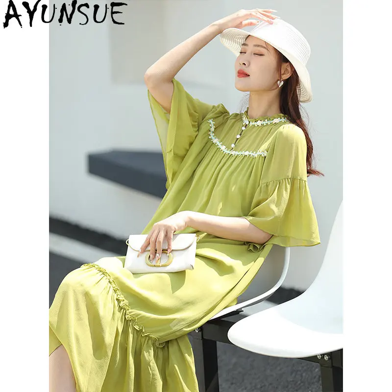 New 100% Mulberry Silk Long Dresses Summer Dress Woman 2023 Trendy Loose Elegant Dresses for Women Clothing vestido feminino LM