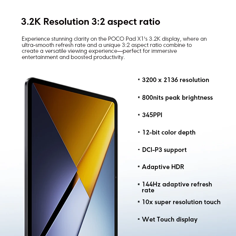 Фото Планшет POCO Pad X1 11.2 дюйма, 3.2K, 144 Гц, дисплей с защитой зрения, Snapdragon 7 Gen 3, 8 ГБ ОЗУ, 512 ГБ памяти, 13 МП камера, быстрая зарядка 45 Вт, аккумулятор 8850 мАч №2