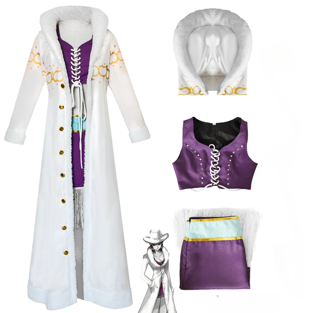 

Цельнокроеный костюм Нико Робин для косплея длинный меховой воротник пальто платье наряды на Хэллоуин Карнавальный костюм для девочек