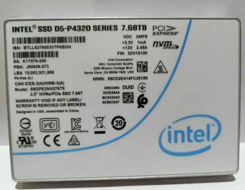 

INTEL 7.68TB U.2 SSD D5-P4320 SERIES PCIE NVME VDC AMPS SSDPE2NV076T8 2.5"