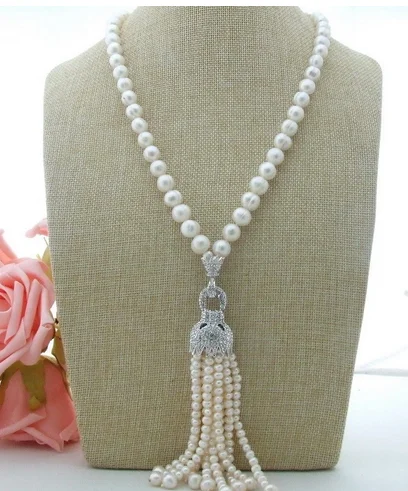 

Popular micro-inlay leopard head pendant white 8-9MM natural freshwater pearl necklace 18inches tassel pearl 3-4 mm