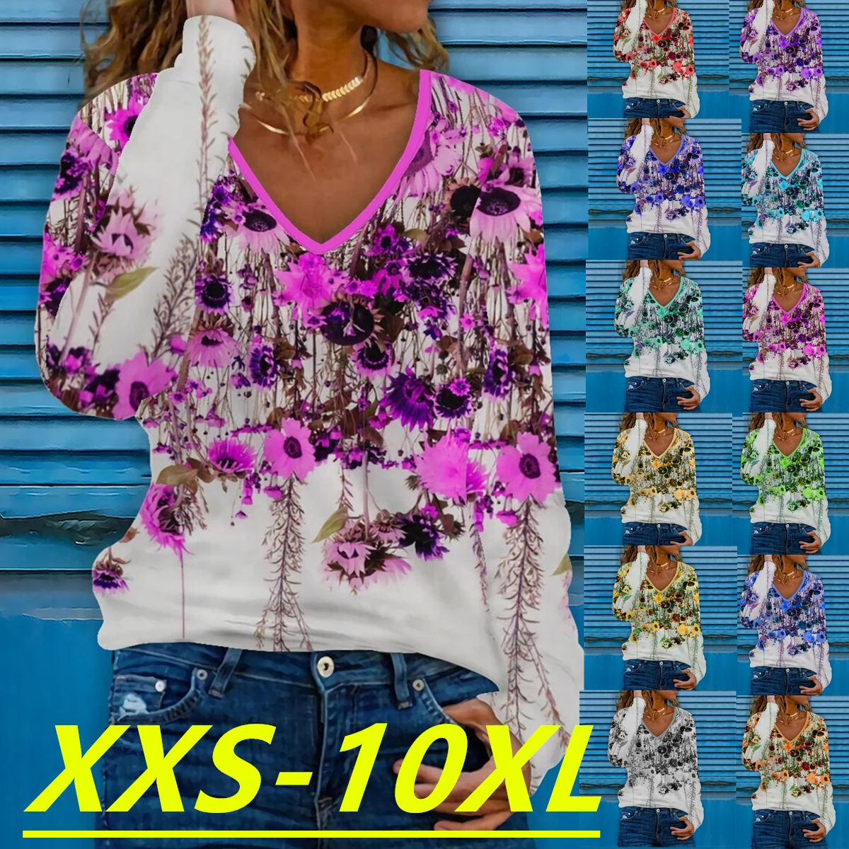 

Snake YX Women's Autumn New Print Casual V-Neck Long Sleeve Top Size XXS-10XL