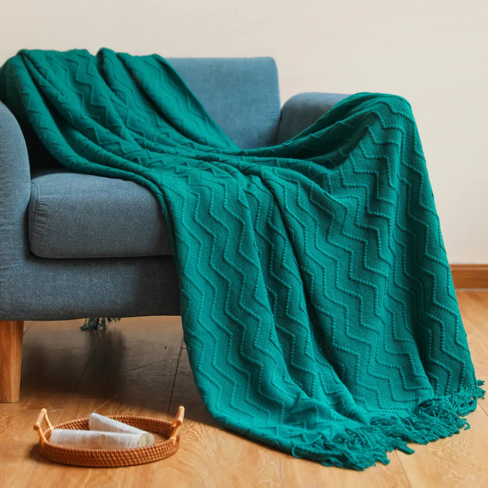 

Inyahome Teal Textured Knitted Super Soft Throw Blanket with Tassels Warm Fluffy Cozy Plush Knit for Couch Bed Framhouse Outdoor