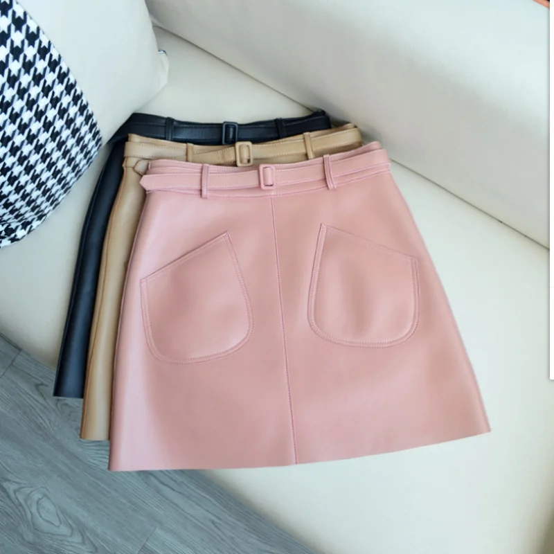 

Waist Skirt Belt Pink Skirts Genuine High Leather Skirt Women Autumn Winter Sheepskin Fashion Korean Sexy Short Skirt Zm1477