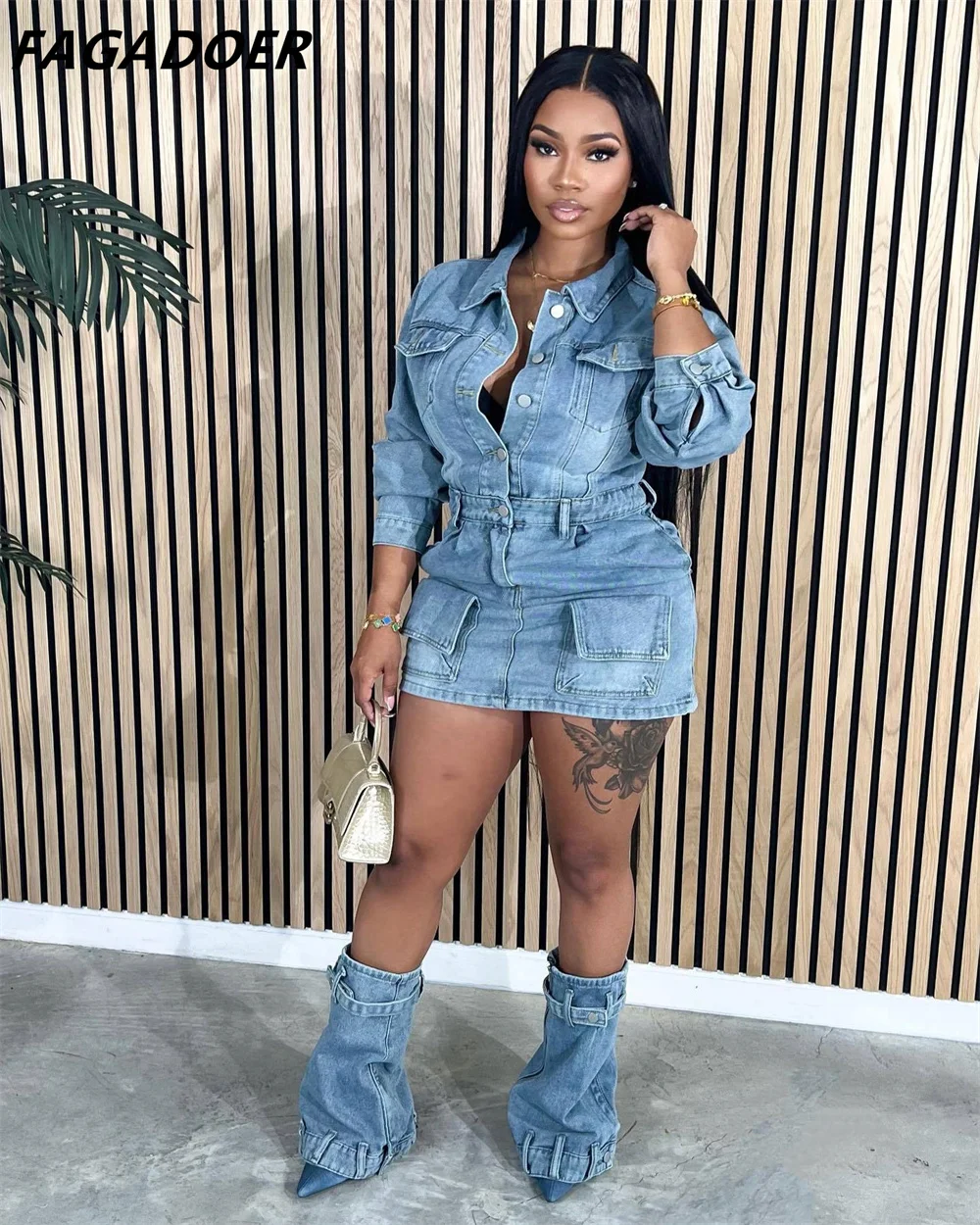 FAGADOER модное джинсовое облегающее мини-платье с карманами женское отложным