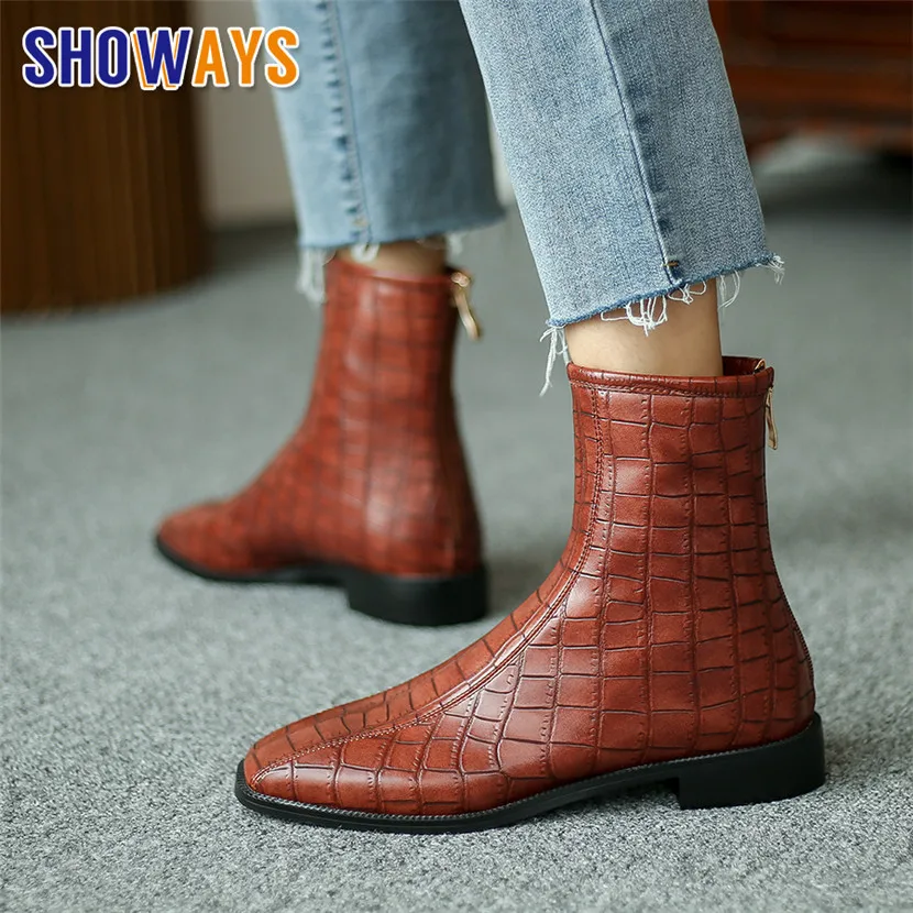 

Plus Size Winter Women Ankle Boots Black Crocodile Pattern Microfiber Low Block Heels Casual Square Toe Zipper Plush Short Boots