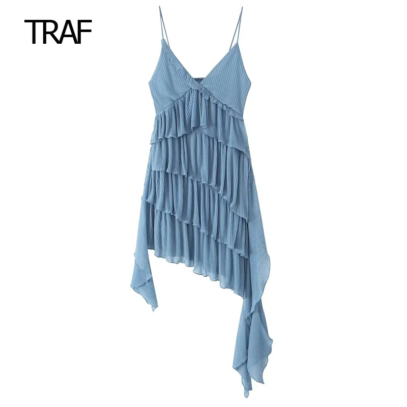 

TRAF Asymmetrical Pleated Slip Short Dress Women 2023 Chiffon V Neck Ruffle Female Straps Dress Vintage Sexy Party Summer Dress