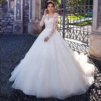 long sleeves wedding dress 2022 a line lace applique medium waist sheer neck tulle wedding gowns for bride women