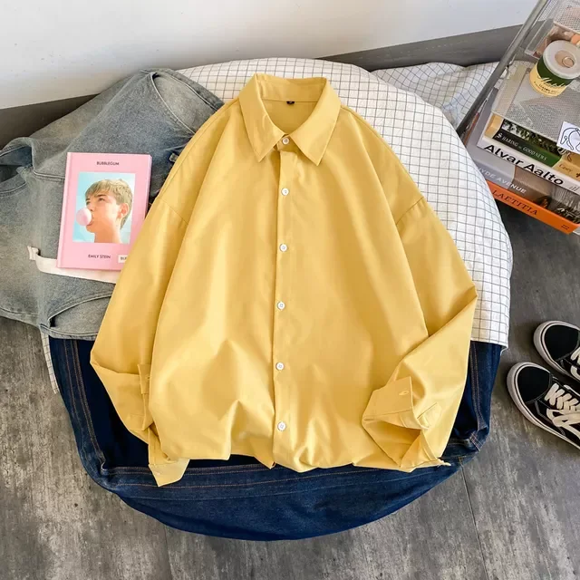 

Рубашка NEW2023 мужская с пуговицами, однотонная хлопковая блуза в стиле Харадзюку, свободная уличная одежда в японском стиле, корейская мода, ...