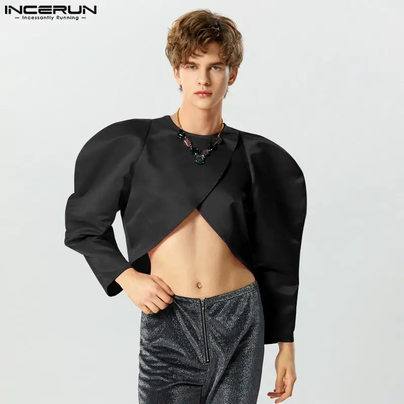 

INCERUN Tops 2023 American Style New Men Cropped Satin Bubble Silhouette T-shirts Fashion Party Male Long Sleeved Camiseta S-5XL