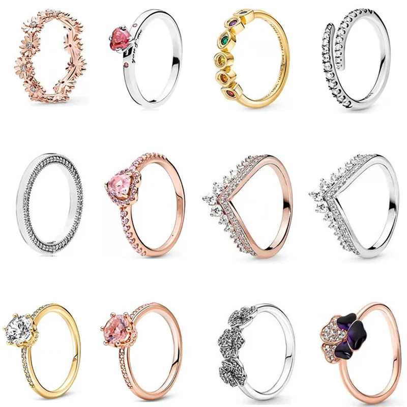 New Ladies Jewelry 925 Sterling Silver Logo Love Ring Personality Daisy Infinity Stones V-Shaped Crown Ring For Women Fashion Je