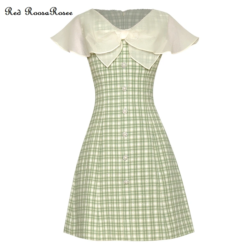 

Red RoosaRosee Luxury Beads Collar Plaid Print Ruffles Sleeve Short Party Dress Wemen Designer 2022 Summer Vestidos Robe Femme
