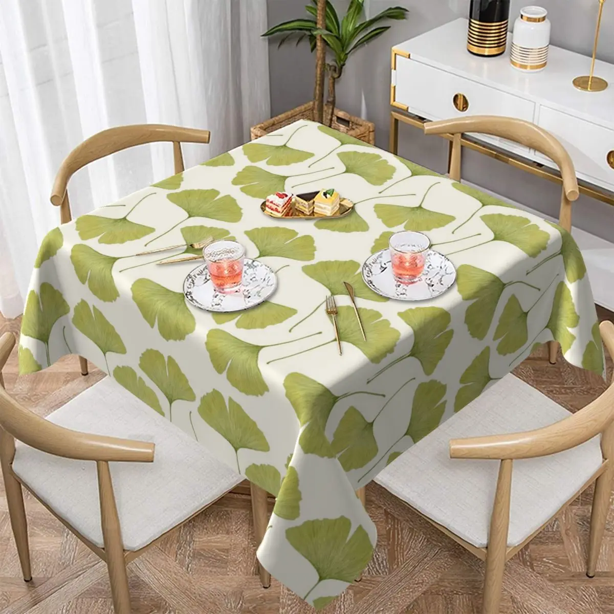 

Green Ginko Leaves Table Cover Universal Rectangular Fitted Tablecloth Protector for Wedding Banquet Party