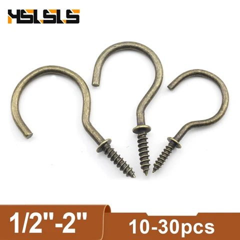 HSLSLS 10-30pcs бронзовая кружка 1/2 "-2" винтовой крючок для потолка, винтовой крючок, крючок из углеродистой стали с медным покрытием