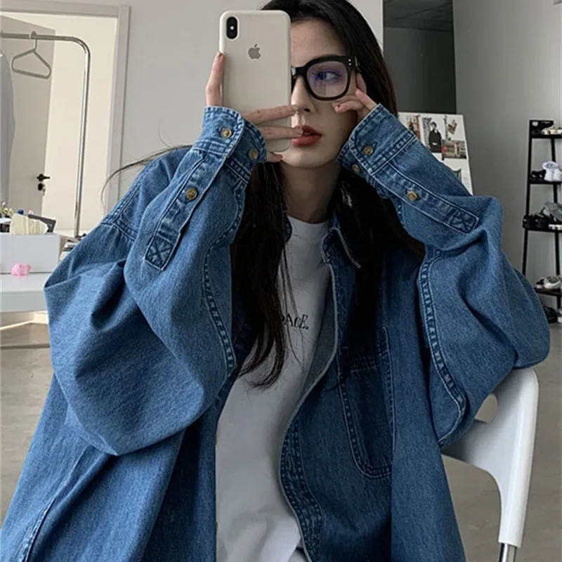 

New Korean Style Spring/autumn Women Long Sleeve Turn-down Collar Jackets Single Breasted Asymmetry Cotton Denim Coat P406