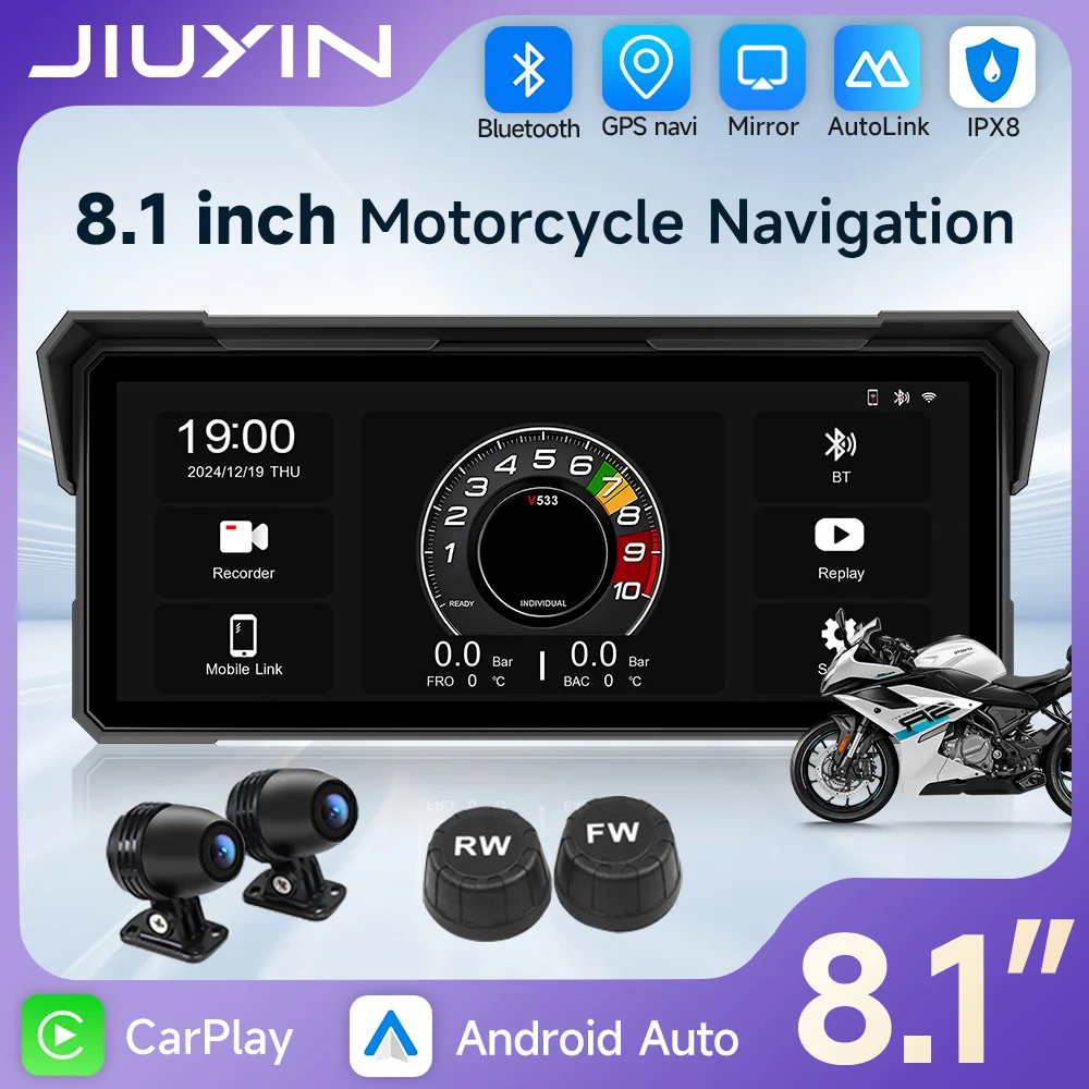Фото 8,1-дюймовый навигационный экран для мотоцикла, беспроводной CarPlay Android Auto 2K HD IPX8, водонепроницаемый мультимедийный плеер, рекордер, Bluetooth №1