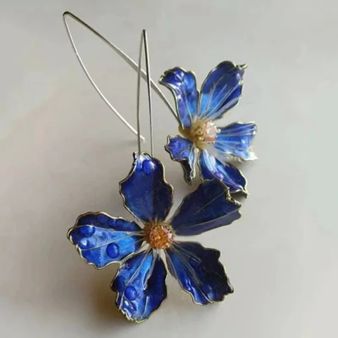 Женские серьги в этническом стиле, длинные Серебристые серьги-подвески с цветущим голубым цветком и металлической вставкой, ювелирные изделия, модный подарок для женщин