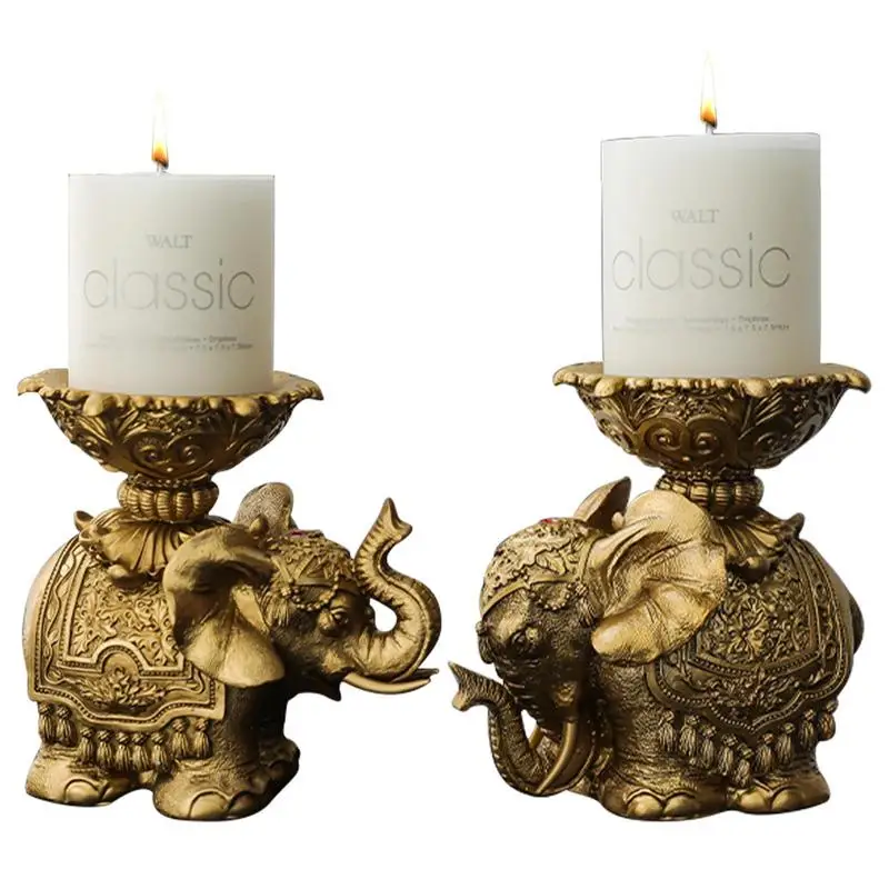 

Pillar Candle Holders 2pcs Golden Resin Candlestick Holder Golden Resin Elephant Animal Sculpture Decorative Candle Stand For