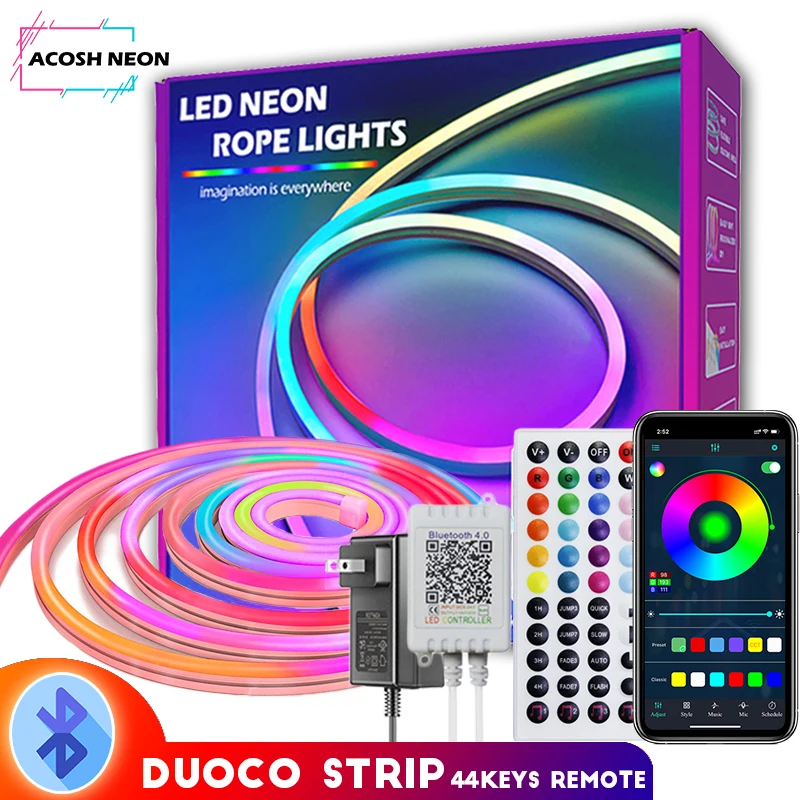 Светодиодная неоновая лента BlueTooth RGB 32,8 F/10M 12 В постоянного тока, украшение для дома, многоцветная силиконовая фотолампа, водонепроницаемое наружное освещение