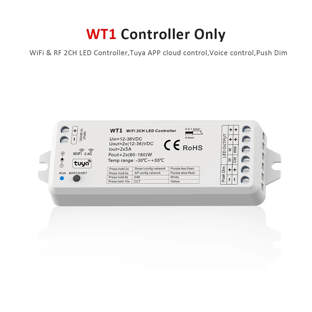 

WT1 12V 24V Wifi Tuya Smart CCT Controller 2CH 5A WW CW Strip LED Dimmer Work with Yandex Alice Alexa APP RF Remote Control