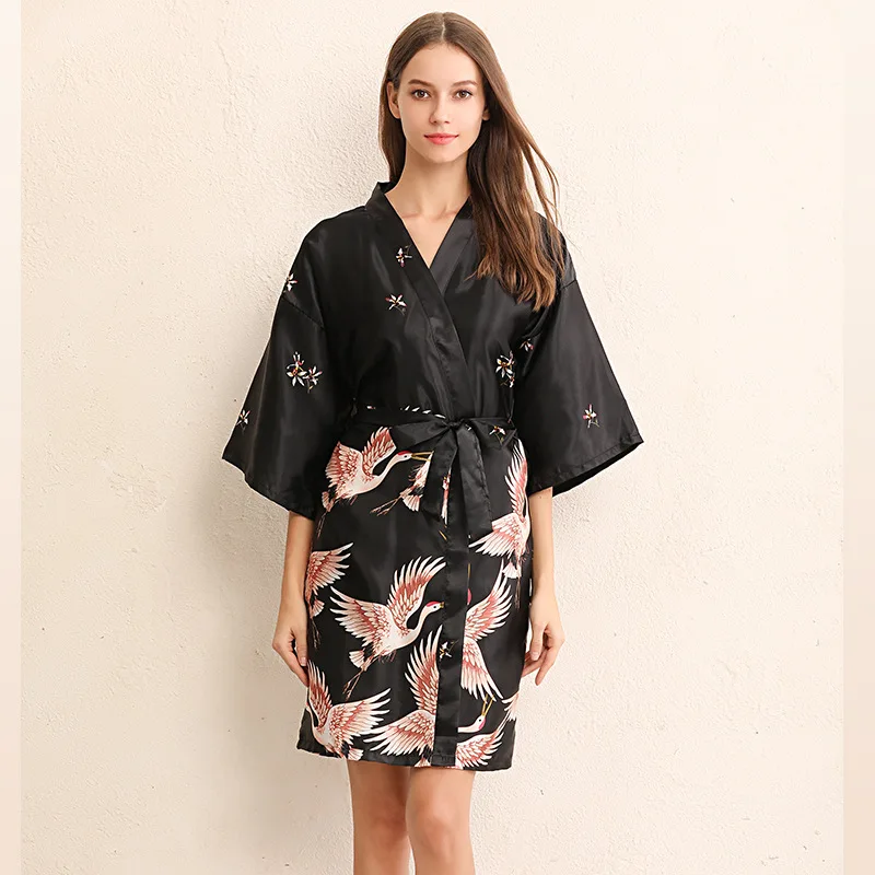 

Printed Pajamas for Women Stain Bathrobe Three Quarter Sleeves Lace-up Bridesmaid Robes Bridal Dressing Gown Long Kimono Female