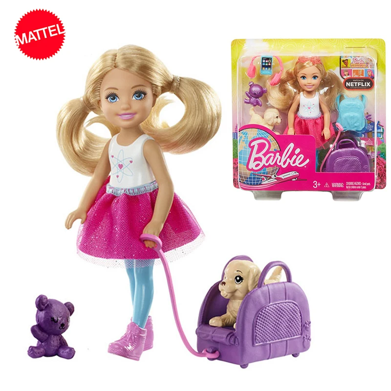 

Original Mattel Barbie Travel Chelsea Doll with Accessories and Puppy Educational Prop Toys for Girls Children Collection Gift