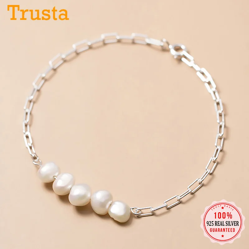 

Trustdavis Luxury 925 Sterling Silver Sweet Asymmetrical Baroque Pearl Chain Bracelet For Women Wedding Fine S925 Jewelry DA1778