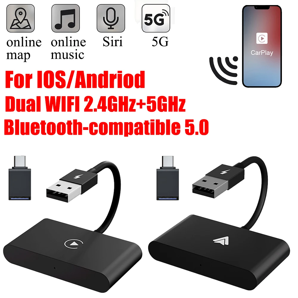 

Беспроводной адаптер Carplay для IOS/Andriod WIFI 2,4 ГГц 5 ГГц Bluetooth-совместимый 5,0 проводной к беспроводному USB-адаптеру конвертер
