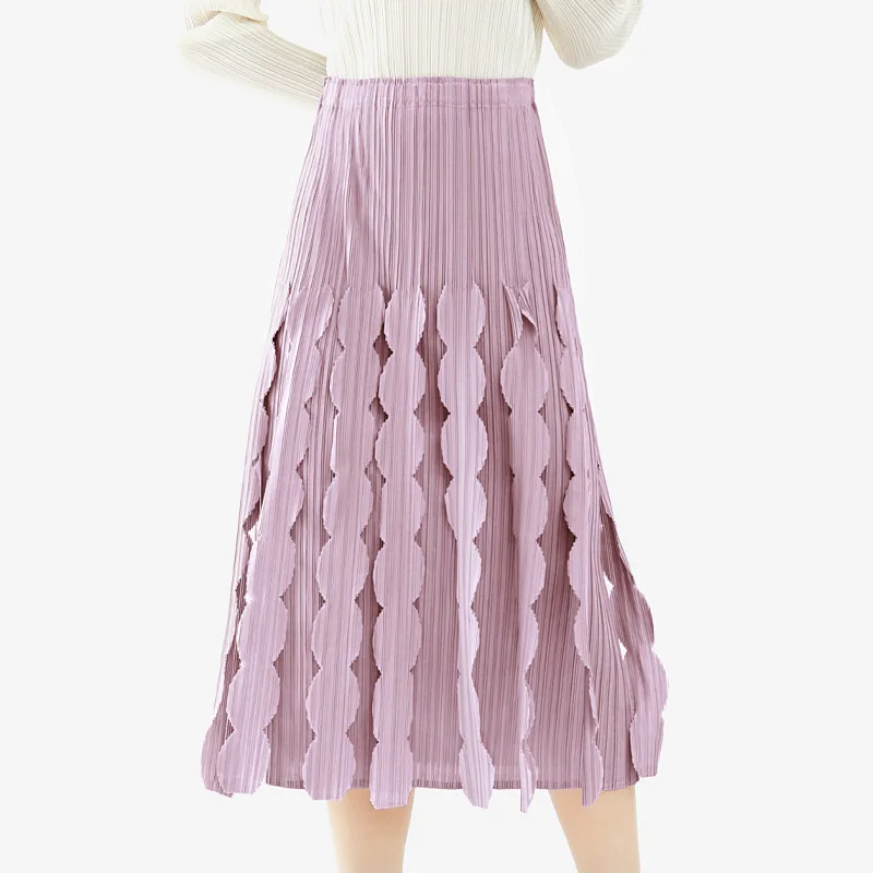 Miyake designer ladies skirt all-match spring new pleated back waist elastic design tassel midi skirt pleated skirt