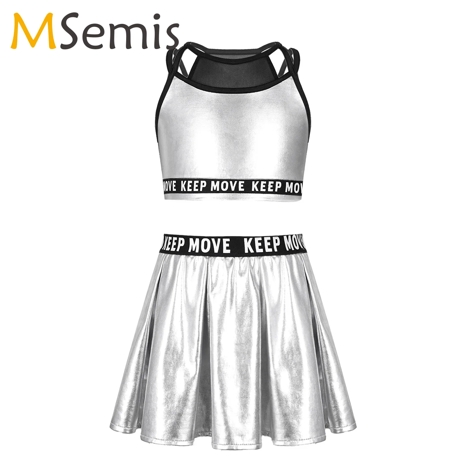 

Girls Kids Metallic Crop Top + Skirts Set Two-piece Sports Gym Yoga Costume Dance Outfits Modern Dancing Costumes Jazz Clothing