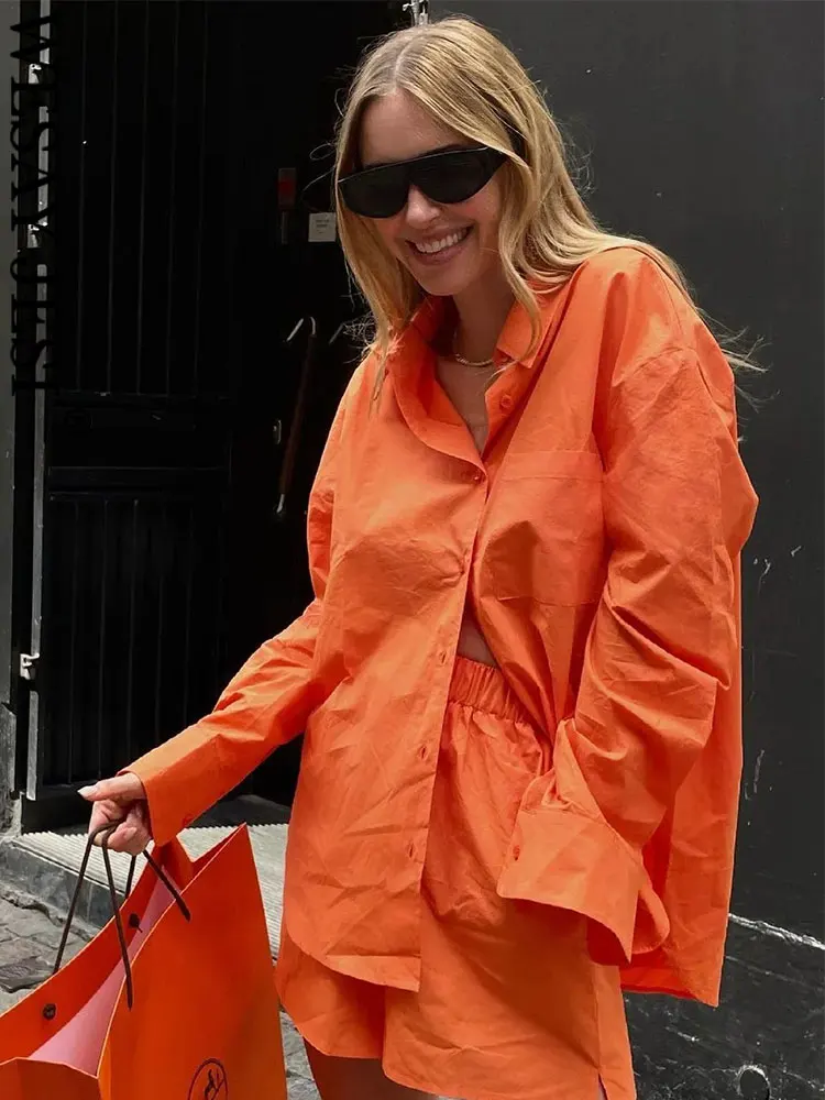 

WESAY JESI TRAF винтажная однобортная Свободная рубашка с передним карманом женские топы Весенняя Оранжевая женская модная рубашка с длинным рукавом