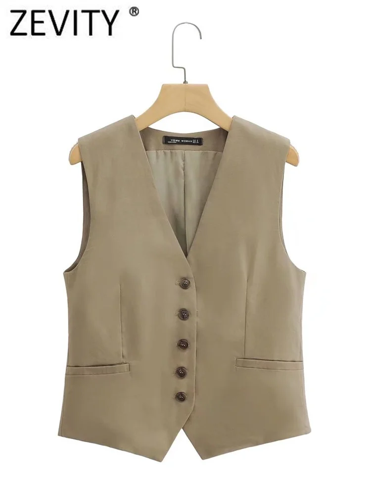 

Zevity Women Fashion V Neck Sleeveless Single Breasted Linen Vest Jacket Office Ladies Casual Slim WaistCoat Tops CT1642
