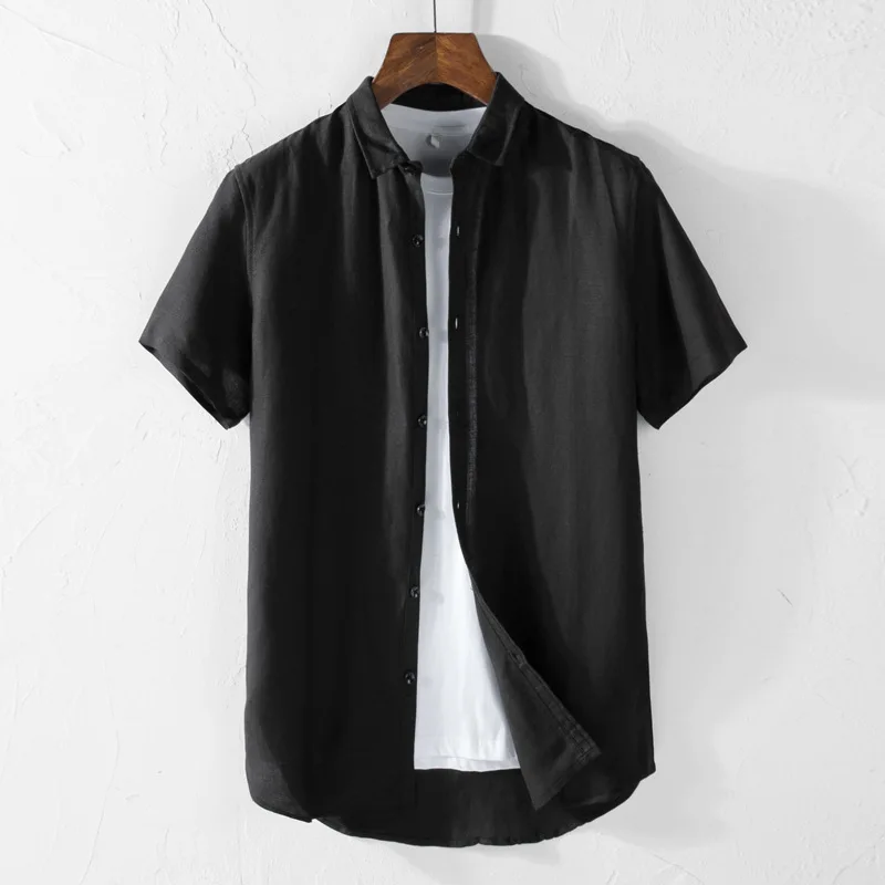 

Men Summer Black Linen Shirt Casual Button Up Short Sleeve Slim Fit Cotton Linen Shirt Plus Size Mens Social Collar Dress Shirts