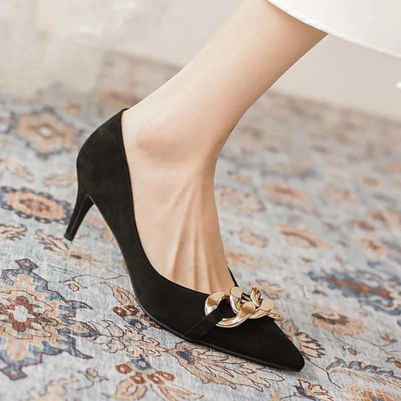 

6cm Fashion New Thin Block Heels Pumps Pointed Toe Metal Chains Banquet Party Black Shoes for Women 38 39 40