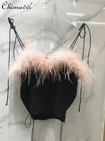 womens all match fashion color contrast stitching feather sling 2022 summer new sexy lace up short crop top for female