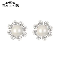 kameraon shiny cz big shell pearls flower stud earrings for women geometric rhinestone party birthday christmas jewelry gifts