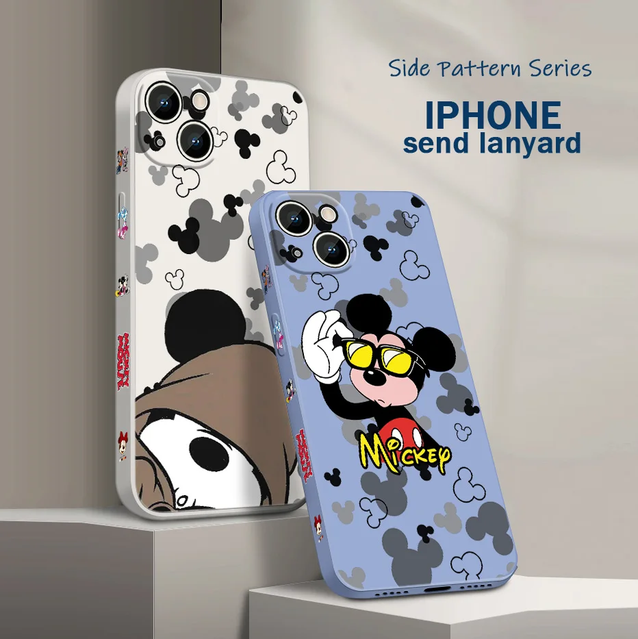 

Disney Mickey Mouse Case For iPhone 13 12 11 Pro Max mini XS XR X 8 7 6S 6 Plus Liquid Left Rope Funda Phone Cover