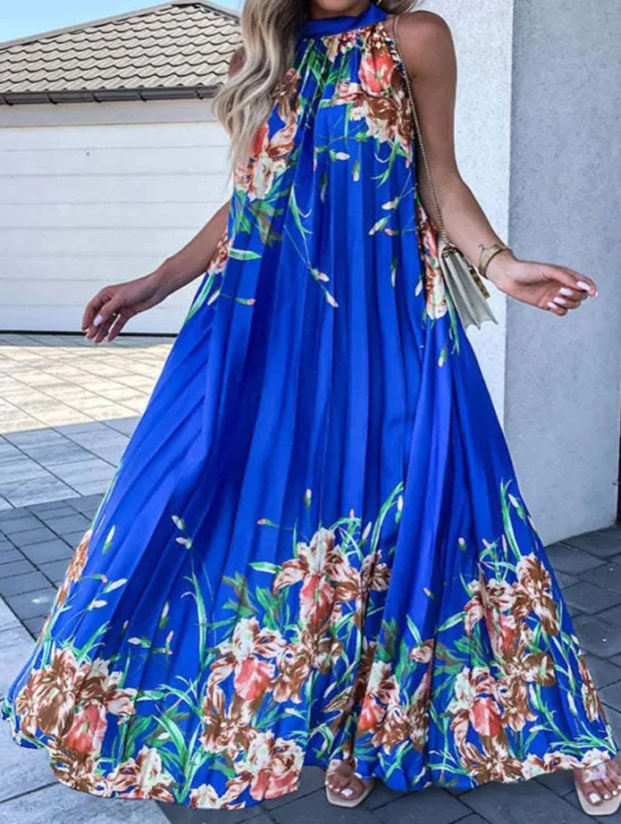 

Summer Woman Flower Print Beach Dress Party Elegant Casual Holiday Vestidos Sleeveless Pleated Mid Dresses